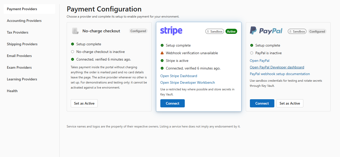 Payment provider configuration: a no-charge checkout for demonstrations, configured but inactive; Stripe marked active with setup complete and its connection verified; and PayPal configured but inactive, each with its links and setup buttons.