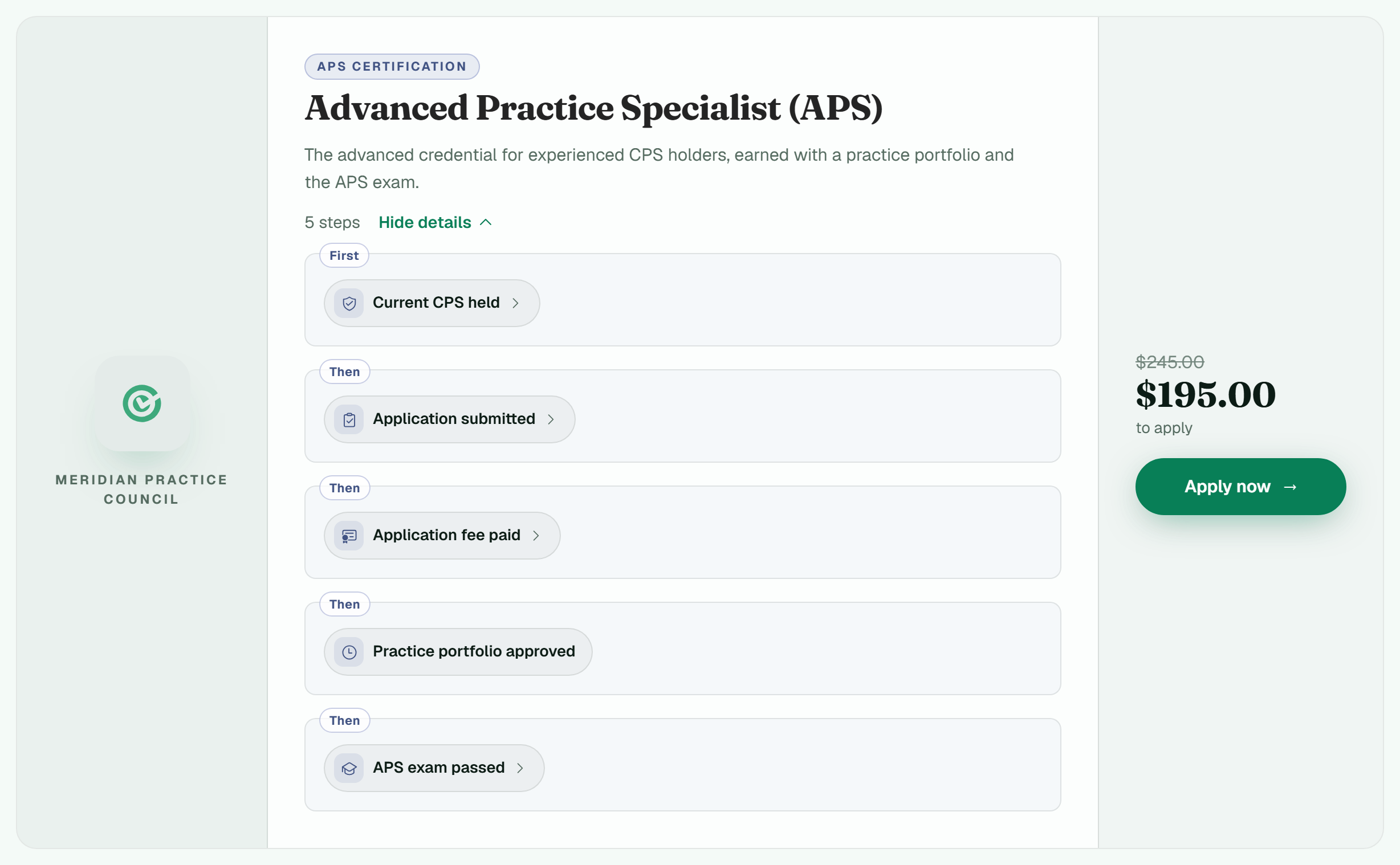 An advanced certification offered in the portal with its details open: five steps in order (current certification held, application submitted, application fee paid, practice portfolio approved, exam passed) and a member price shown against the standard one.